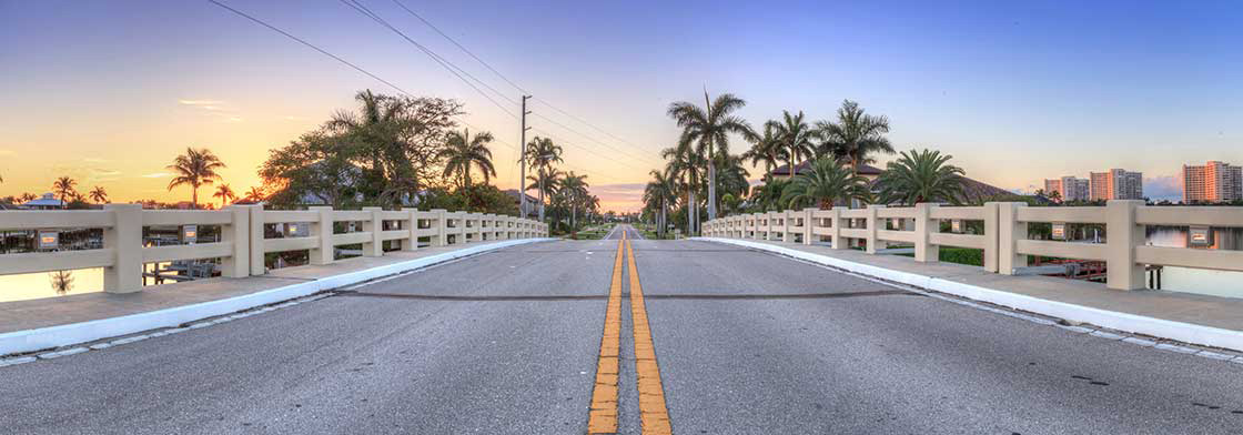 A road winds into the distance near sunset, palm trees lining the path. 