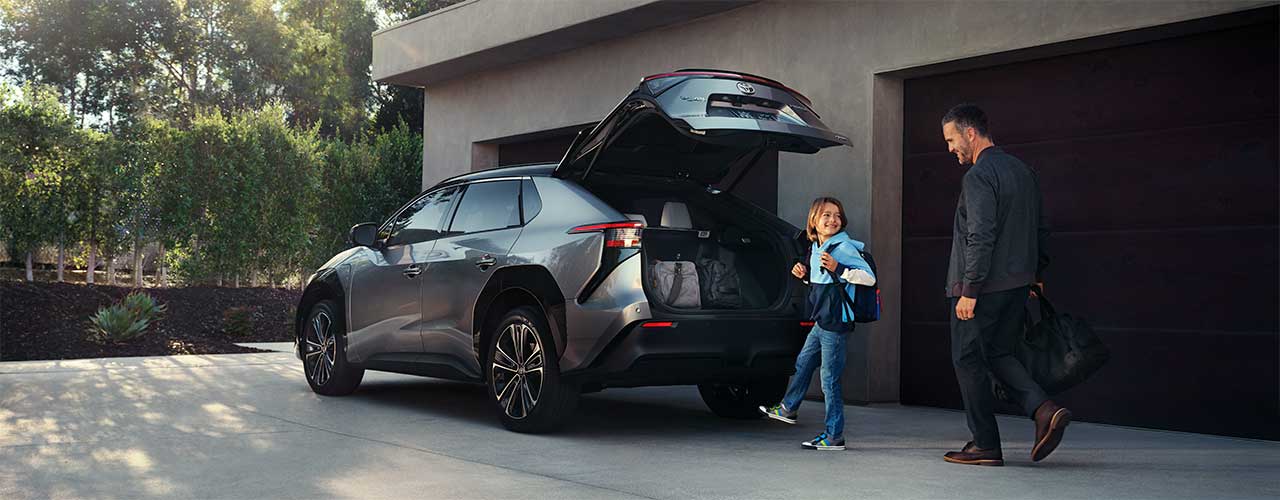 2023 bz4x-Father and son loading items into the trunk space